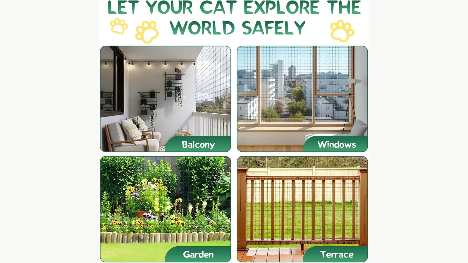 Wire-reinforced mesh shown across listed balcony, window, garden and terrace applications