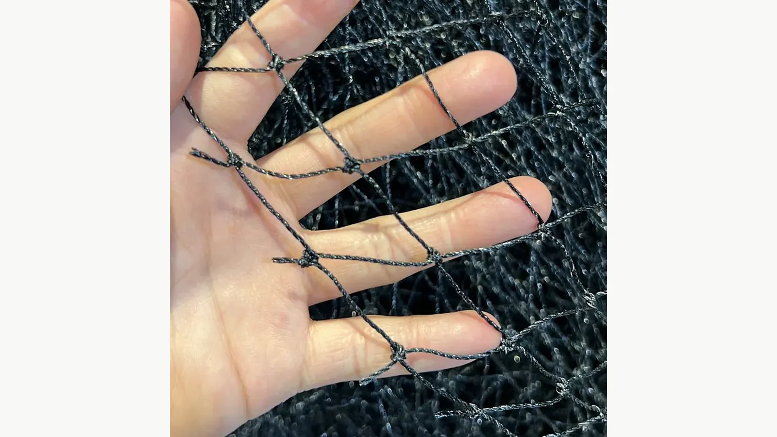 Wire-reinforced mesh strand and knot detail for sample review