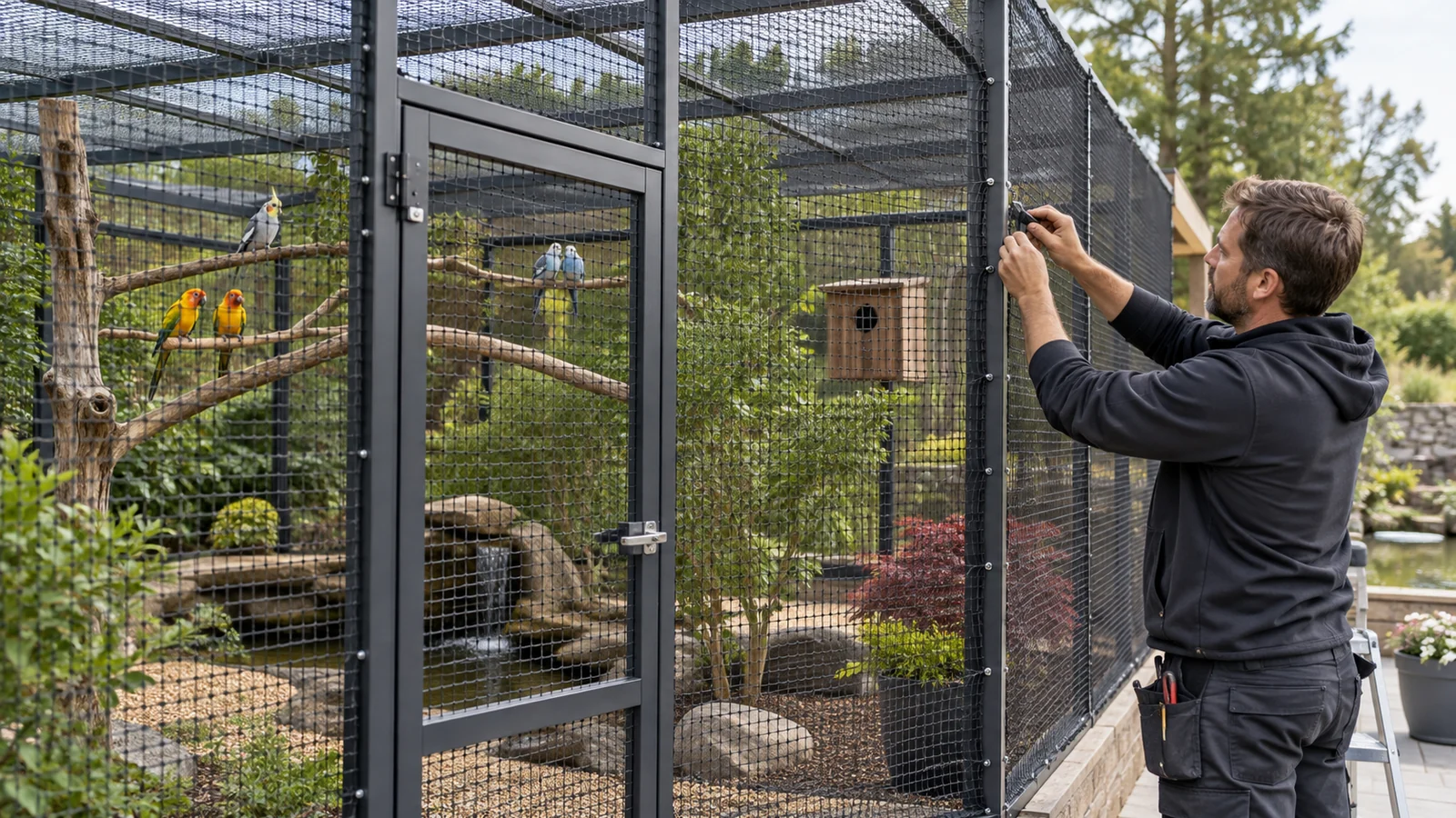 Installer fixing wire-reinforced netting to an aviary side frame